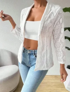 Women's Jacket Dailywear Lace Solid Color Windproof Vintage Regular Fit Outerwear Long Sleeve Spring White S