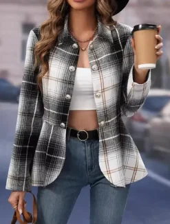 Women's Jacket Party Button Plaid Windproof Fashion Regular Fit Outerwear Long Sleeve Fall Black And White S