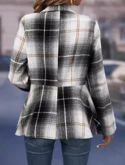 Women's Jacket Party Button Plaid Windproof Fashion Regular Fit Outerwear Long Sleeve Fall Black And White S