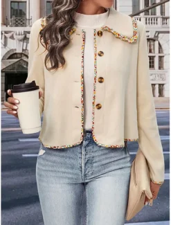 Women's Jacket Party Patchwork Solid Color Windproof Fashion Regular Fit Outerwear Long Sleeve Fall White S