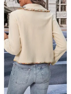 Women's Jacket Party Patchwork Solid Color Windproof Fashion Regular Fit Outerwear Long Sleeve Fall White S