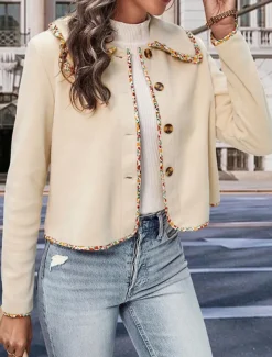 Women's Jacket Party Patchwork Solid Color Windproof Fashion Regular Fit Outerwear Long Sleeve Fall White S