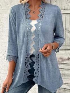 Women's Jacket Party Patchwork Solid Color Windproof Fashion Loose Fit Outerwear 3/4 Length Sleeve Fall Blue S