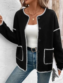 Women's Jacket Party Pocket Solid Color Windproof Fashion Loose Fit Outerwear Long Sleeve Fall Black S