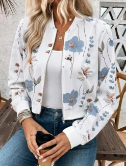Women's Jacket Party Zipper Floral Windproof Fashion Regular Fit Outerwear Long Sleeve Fall White S