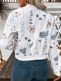 Women's Jacket Party Zipper Floral Windproof Fashion Regular Fit Outerwear Long Sleeve Fall White S