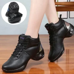 Women's Jazz Shoes Dance Sneakers Line Dance Performance Training Party Leatherette Loafers Softer Professional Split Sole Thick Heel Round Toe Lace-up Teenager Adults' Black / Gold White / Silver