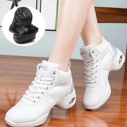 Women's Jazz Shoes Dance Sneakers Line Dance Performance Training Party Leatherette Loafers Softer Professional Split Sole Thick Heel Round Toe Lace-up Teenager Adults' Black / Gold White / Silver