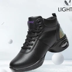 Women's Jazz Shoes Dance Sneakers Line Dance Performance Training Party Leatherette Loafers Softer Professional Split Sole Thick Heel Round Toe Lace-up Teenager Adults' Black / Gold White / Silver