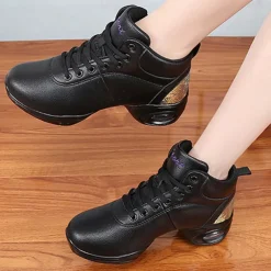 Women's Jazz Shoes Dance Sneakers Line Dance Performance Training Party Leatherette Loafers Softer Professional Split Sole Thick Heel Round Toe Lace-up Teenager Adults' Black / Gold White / Silver