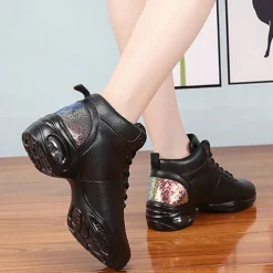 Women's Jazz Shoes Dance Sneakers Line Dance Performance Training Party Leatherette Loafers Softer Professional Split Sole Thick Heel Round Toe Lace-up Teenager Adults' Black / Gold White / Silver