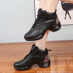 Women's Jazz Shoes Dance Sneakers Line Dance Performance Training Party Leatherette Loafers Softer Professional Split Sole Thick Heel Round Toe Lace-up Teenager Adults' Black / Gold White / Silver