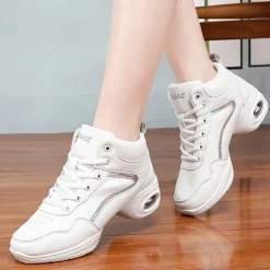 Women's Jazz Shoes Dance Sneakers Line Dance Performance Training Party Leatherette Loafers Softer Professional Split Sole Thick Heel Round Toe Lace-up Teenager Adults' Black / Gold White / Silver