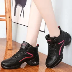 Women's Jazz Shoes Dance Sneakers Line Dance Performance Training Party Leatherette Loafers Softer Professional Split Sole Thick Heel Round Toe Lace-up Teenager Adults' Black / Gold White / Silver