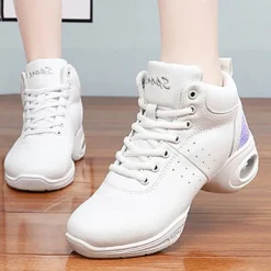 Women's Jazz Shoes Dance Sneakers Line Dance Performance Training Party Leatherette Loafers Softer Professional Split Sole Thick Heel Round Toe Lace-up Teenager Adults' Black / Gold White / Silver