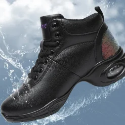 Women's Jazz Shoes Dance Sneakers Line Dance Performance Training Party Leatherette Loafers Softer Professional Split Sole Thick Heel Round Toe Lace-up Teenager Adults' Black / Gold White / Silver