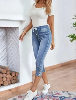 Women's Jeans Chinos Vacation Vintage Fashion Calf-Length High Waist Plain Pocket Comfy Soft Comfortable Stretchy Outdoor Street Light Blue Summer Regular Fit