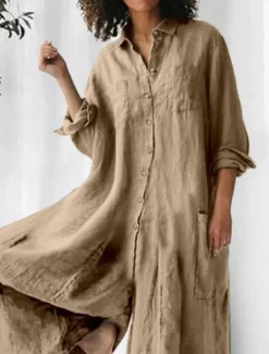 Women's Jumpsuit Active Solid Color Long Sleeve Wide Leg Shirt Collar Buttons Pocket Vacation Daily Regular Fit Army Green Navy Blue Khaki Summer