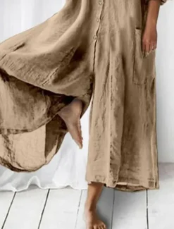 Women's Jumpsuit Active Solid Color Long Sleeve Wide Leg Shirt Collar Buttons Pocket Vacation Daily Regular Fit Army Green Navy Blue Khaki Summer