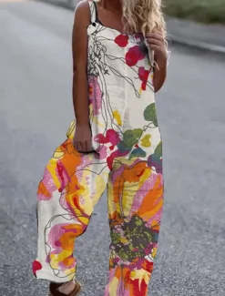 Women's Jumpsuit Button Print Floral Cold Shoulder Ordinary Street Going out Wide Leg Loose Fit Sleeveless Sleeveless Black White Yellow S M L Summer