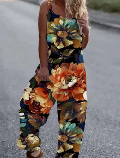 Women's Jumpsuit Button Print Floral Cold Shoulder Ordinary Street Going out Wide Leg Loose Fit Sleeveless Sleeveless Black White Yellow S M L Summer