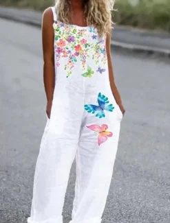Women's Jumpsuit Dungarees Sleeveless Butterfly Print Top White Pants Casual Comfortable Adjustable Strap Straight-Leg Summer Fashion Clothing Apparel