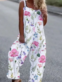 Women's Jumpsuit Dungarees Sleeveless Butterfly Print Top White Pants Casual Comfortable Adjustable Strap Straight-Leg Summer Fashion Clothing Apparel