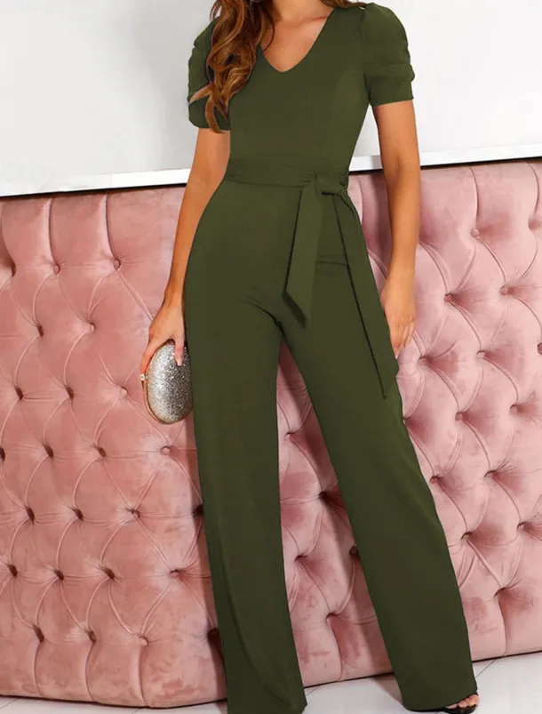 Women's Jumpsuit Lace up Beaded Solid Color V Neck Elegant Office Regular Fit Short Sleeve Black Army Green Red S M L Fall