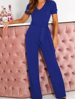 Women's Jumpsuit Lace up Beaded Solid Color V Neck Elegant Office Regular Fit Short Sleeve Black Army Green Red S M L Fall