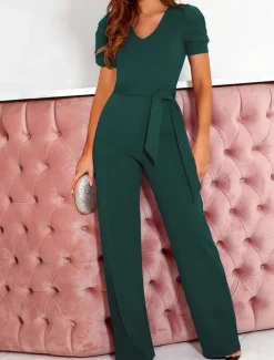 Women's Jumpsuit Lace up Beaded Solid Color V Neck Elegant Office Regular Fit Short Sleeve Black Army Green Red S M L Fall
