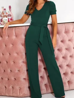 Women's Jumpsuit Lace up Beaded Solid Color V Neck Elegant Office Regular Fit Short Sleeve Black Army Green Red S M L Fall