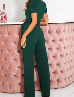 Women's Jumpsuit Lace up Beaded Solid Color V Neck Elegant Office Regular Fit Short Sleeve Black Army Green Red S M L Fall