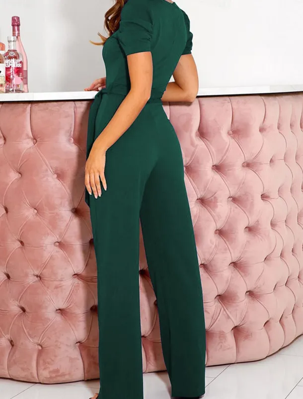 Women's Jumpsuit Lace up Beaded Solid Color V Neck Elegant Office Regular Fit Short Sleeve Black Army Green Red S M L Fall