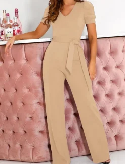 Women's Jumpsuit Lace up Beaded Solid Color V Neck Elegant Office Regular Fit Short Sleeve Black Army Green Red S M L Fall