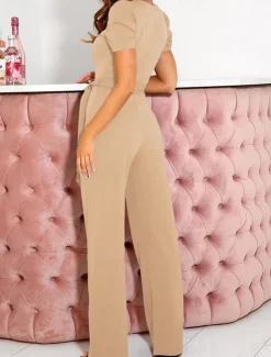 Women's Jumpsuit Lace up Beaded Solid Color V Neck Elegant Office Regular Fit Short Sleeve Black Army Green Red S M L Fall