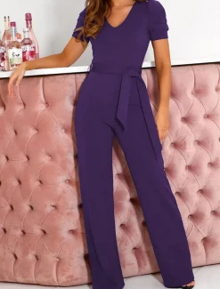 Women's Jumpsuit Lace up Beaded Solid Color V Neck Elegant Office Regular Fit Short Sleeve Black Army Green Red S M L Fall