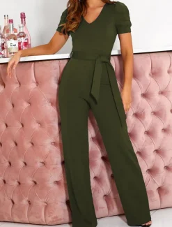 Women's Jumpsuit Lace up Beaded Solid Color V Neck Elegant Office Regular Fit Short Sleeve Black Army Green Red S M L Fall