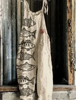 Women's Jumpsuit Vacation Vintage Ethnic Style Full Length Mid Waist Animal Fish Breathability Lightweight Soft Inelastic Causal Casual Daily White Blue Khaki Beige Summer Spring