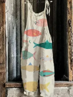 Women's Jumpsuit Vacation Vintage Ethnic Style Full Length Mid Waist Animal Fish Breathability Lightweight Soft Inelastic Causal Casual Daily White Blue Khaki Beige Summer Spring