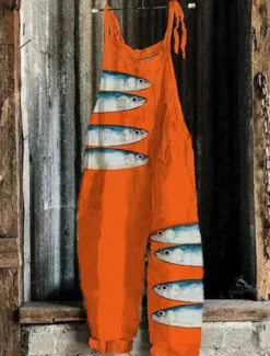 Women's Jumpsuit Vacation Vintage Ethnic Style Full Length Mid Waist Animal Fish Breathability Lightweight Soft Inelastic Causal Casual Daily Black White Navy Blue Orange Summer Spring