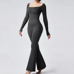 Women's Jumpsuit Workout Jumpsuit Onesie Flare Leg Solid Color Bodysuit Romper Black Coffee Yoga Fitness Gym Workout Breathable Soft Long Sleeve Sport Activewear Stretchy Slim