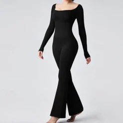 Women's Jumpsuit Workout Jumpsuit Onesie Flare Leg Solid Color Bodysuit Romper Black Coffee Yoga Fitness Gym Workout Breathable Soft Long Sleeve Sport Activewear Stretchy Slim