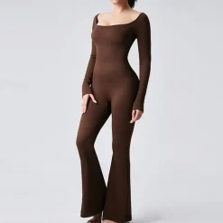 Women's Jumpsuit Workout Jumpsuit Onesie Flare Leg Solid Color Bodysuit Romper Black Coffee Yoga Fitness Gym Workout Breathable Soft Long Sleeve Sport Activewear Stretchy Slim