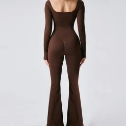 Women's Jumpsuit Workout Jumpsuit Onesie Flare Leg Solid Color Bodysuit Romper Black Coffee Yoga Fitness Gym Workout Breathable Soft Long Sleeve Sport Activewear Stretchy Slim