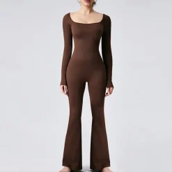 Women's Jumpsuit Workout Jumpsuit Onesie Flare Leg Solid Color Bodysuit Romper Black Coffee Yoga Fitness Gym Workout Breathable Soft Long Sleeve Sport Activewear Stretchy Slim