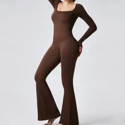 Women's Jumpsuit Workout Jumpsuit Onesie Flare Leg Solid Color Bodysuit Romper Black Coffee Yoga Fitness Gym Workout Breathable Soft Long Sleeve Sport Activewear Stretchy Slim