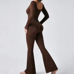 Women's Jumpsuit Workout Jumpsuit Onesie Flare Leg Solid Color Bodysuit Romper Black Coffee Yoga Fitness Gym Workout Breathable Soft Long Sleeve Sport Activewear Stretchy Slim