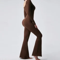 Women's Jumpsuit Workout Jumpsuit Onesie Flare Leg Solid Color Bodysuit Romper Black Coffee Yoga Fitness Gym Workout Breathable Soft Long Sleeve Sport Activewear Stretchy Slim