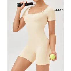 Women's Jumpsuit Workout Jumpsuit Onesie Solid Color Bodysuit Romper rice white Black Yoga Fitness Gym Workout High Waist Breathable Soft Short Sleeve Sport Activewear Micro-elastic Slim