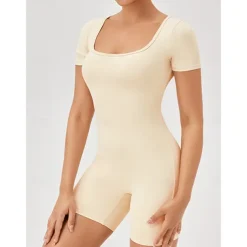 Women's Jumpsuit Workout Jumpsuit Onesie Solid Color Bodysuit Romper rice white Black Yoga Fitness Gym Workout High Waist Breathable Soft Short Sleeve Sport Activewear Micro-elastic Slim